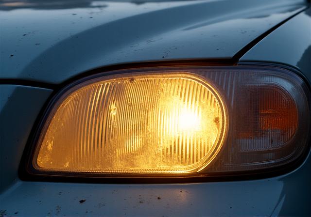 A foggy, yellowed, and oxidized car headlight.