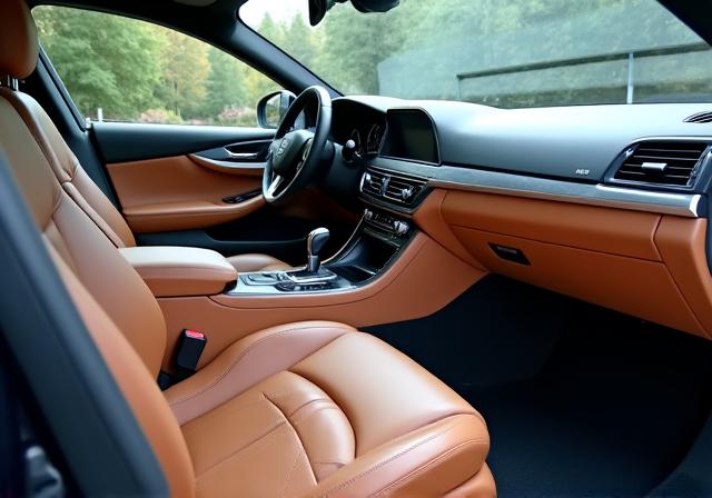The same car interior looking pristine, with clean carpets and conditioned leather.