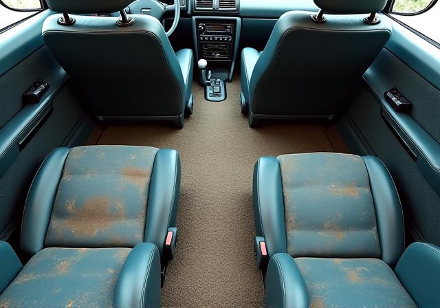 The interior of a car with dirty carpets and stained leather seats.