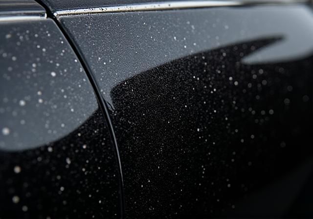 A black car panel covered in heavy swirl marks under bright light.