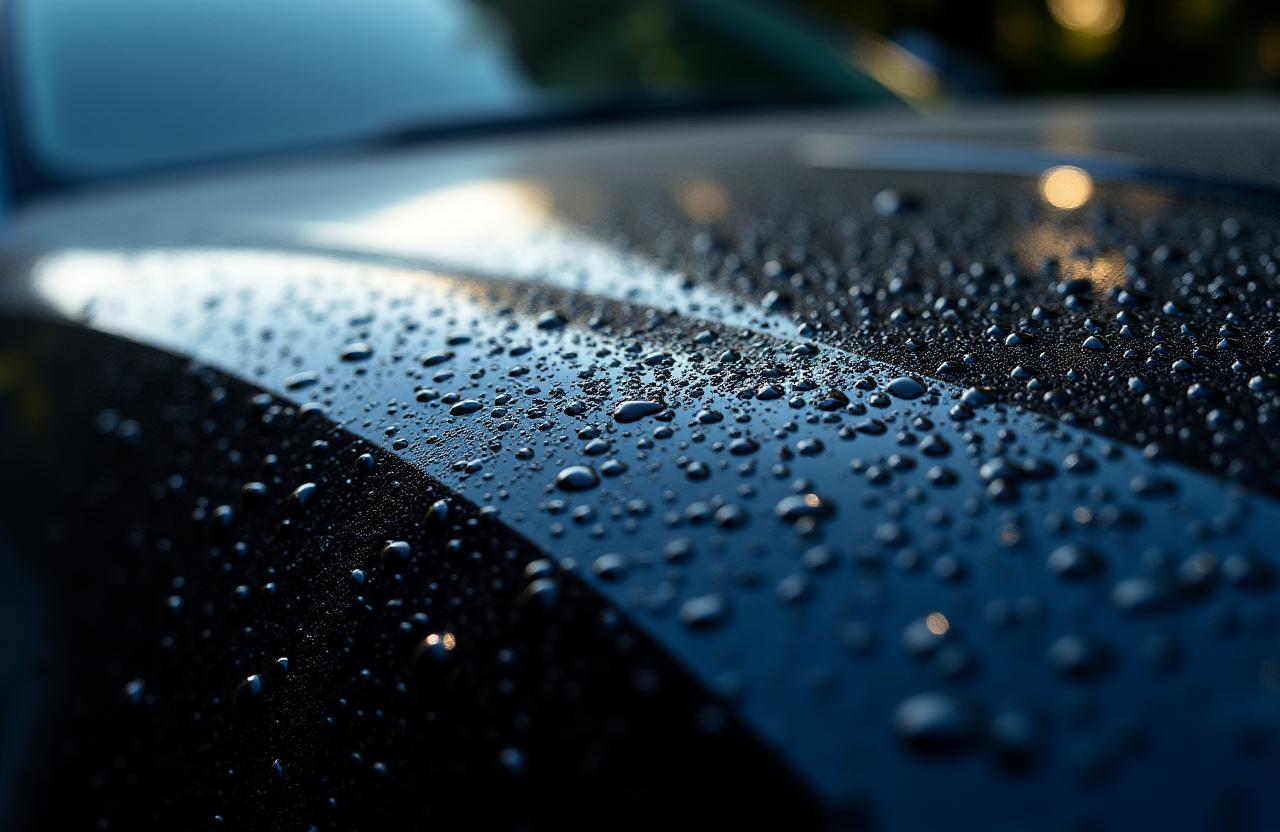 Close-up of water beading on a flawlessly detailed car with a ceramic coating