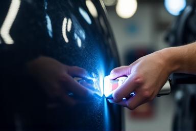 A detailing expert inspecting car paint with a swirl finder light.
