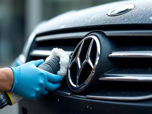 A detailer carefully cleaning the front grille of a car.