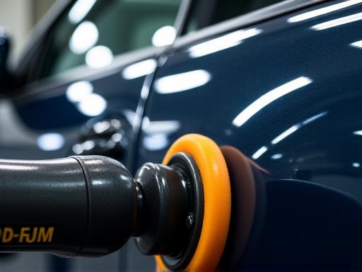 A polisher machine buffing the paint of a luxury car.