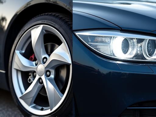 A close-up of a sparkling clean alloy wheel and a restored headlight.